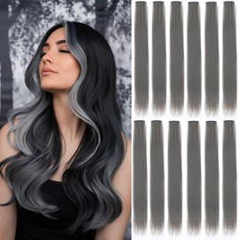 12 Pcs Dark Grey hair extensions 22 Inch Straight colored hair colorful clip in extensions Highlight Party for Kids Girls and Women Gift (Dark Grey,38)