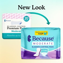 Because Premium Incontinence Pads for Women - Discreet, Individually Wrapped Liners - Moderate Absorbency, Ergonomic Design for Comfort, Leak Protection - 120 Count (6 Packs of 20) New Version