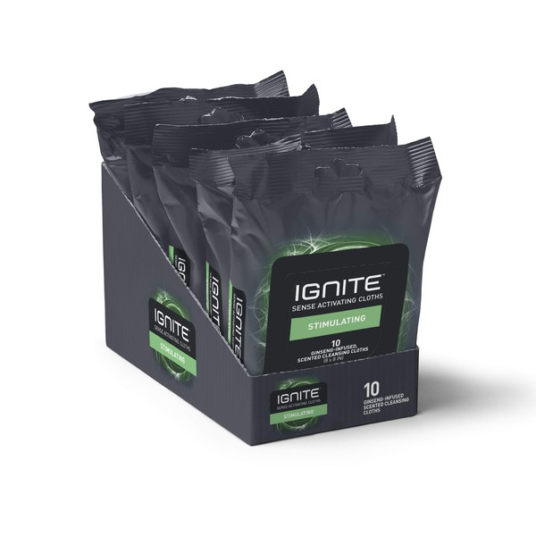 Ignite Mens Body Wet Wipes, Extra Thick 8" x 8" Shower Wipes, Stimulating Scent, 10 Count (Pack of 5)