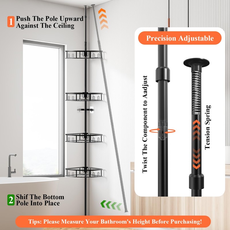 Peyulia 4-Tier Rustproof Corner Shower Caddy with Tension Pole, 42-115