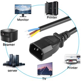 CERRXIAN 2PCS 1FT IEC 320 C14 Male 3 Pin with Open Wiring Stripped, Heavy Duty Replacement C14 to Bare Wire Power Supply Cable,Pigtail Open Cable