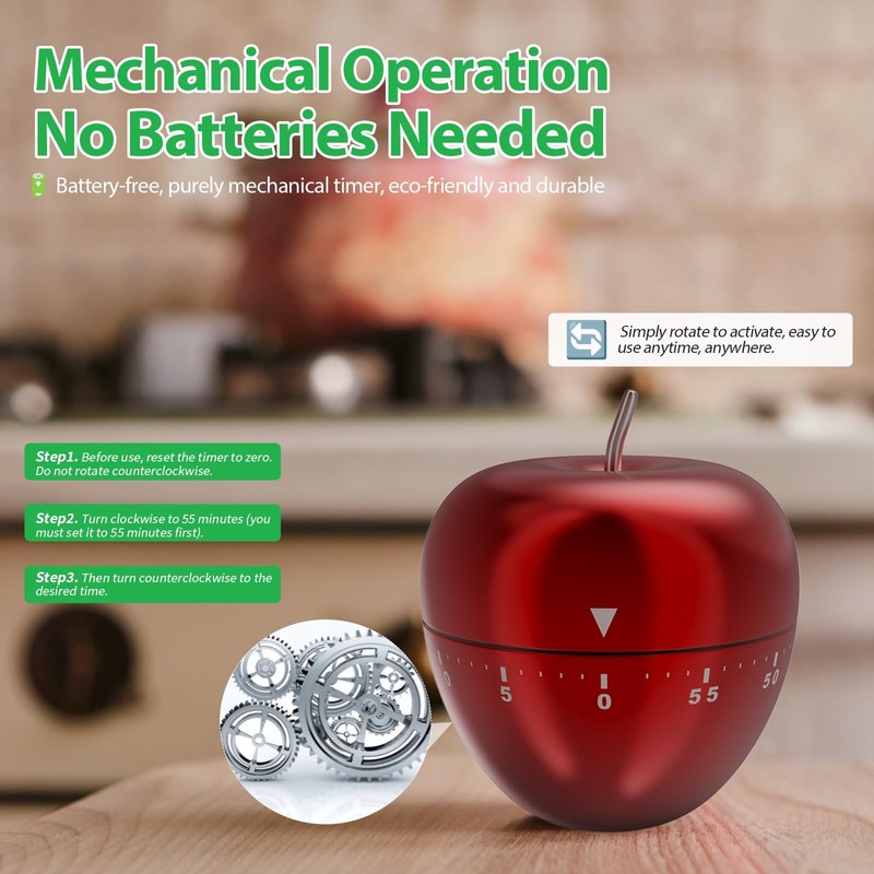 Mechincal Apple Timer，Kitchen Timer Stainless Steel Rotating Alarm 60 Minutes
