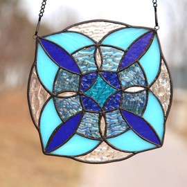 Round Geometric Blue Stained Glass Window Hanging Panel Light Catcher Handmade Window Treatments