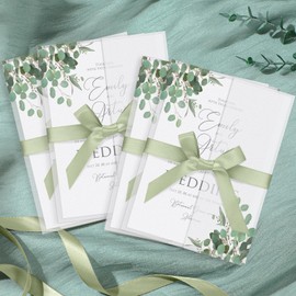 MotiMind 100 Pcs greenery Eucalyptus Pre Folded Vellum Jackets for 5x7 Invitations 130GSM Transparent Envelope Liners Bulk Vellum Paper 5x7 with Ribbons Wedding Invitations Wraps for Wedding Cards