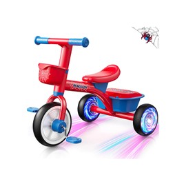 Toddler Tricycle for 1-3 3-5 Years Old Boys Girls, Spider Colorful Lighting Toddler Bike with Adjustable Seat & Removable Basket, Idea Birthday Gift and Toy for Age 1 2 3 4 5 Kids Outdoor Balance
