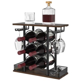 VyGrow Countertop Wine Rack, 3 Tier Wood & Metal Small Wine Rack Up to Hold 6 Bottles and 4 Glasses, Wine Bottle Holder for Home Bar Tabletop Kitchen Cabinet, 6.29" D x 16.14" W x 15.82" H