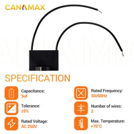 Canamax Durable CBB61 2-Wire 5uF 250V AC 50/60Hz Ceiling Fan Capacitor 47x29x18mm - Compatible with Electrical Fan Washer Water Pump Motor Generator
