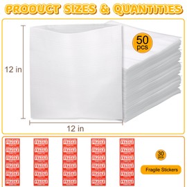 50 Pcs Packing Foam Pouches, 12'' x 12'' Cushion Foam Wrap Pouches with 30 Pcs Fragile Stickers for Packaging and Protecting Dishes Cup China Glasses, Packing Supplies for Moving, Storage & Shipping