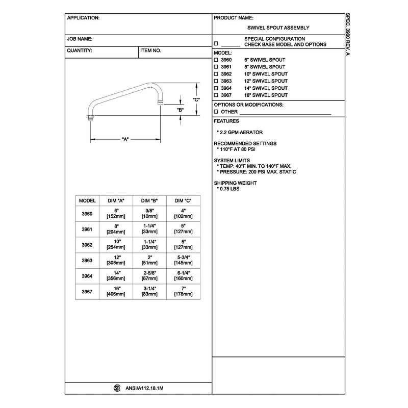 Fisher 3963, 1/2 Stainless Steel Spout, 2.2GPM