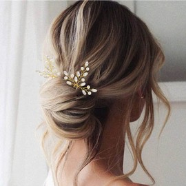 Evild Horquillas para el pelo de novia, flores doradas, perlas de cristal, accesorios para el pelo de boda para novias y damas de honor (paquete de 3)