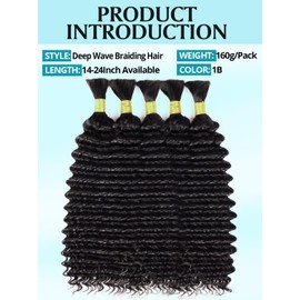 160g 5 Bundles/Pack Human Braiding Hair for Boho Braids 18 Inch Curly Boho Hair for Braiding Knotless 12A Deep Wave Bulk Bohemian Natural Black