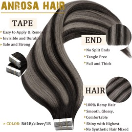 Anrosa Tape in Hair Extensions Human Hair Remy Real Human Hair Extensions Tape in Silky Natural Hair Extensions Human Hair 16 Inch Natural Black to Silver Grey with Natural Black Rooted 50G 20PCS