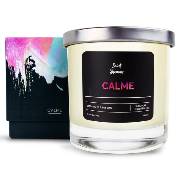 Saint Shaman Calme Scented Candle - Soy Wax Aromated with Essential Oils of Ylang-Ylang, Jasmine, Lavender & Sandalwood, Best Aromatherapy Candles for Home, 7 Oz, 60 Hours Burning Time