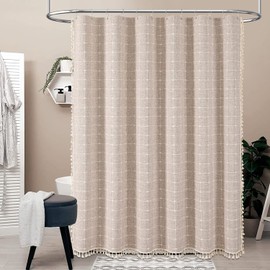 BTTN 96 Inch Extra Long Shower Curtain, Boho Chic Linen Water-Repellent Fabric Shower Curtain Set with Plastic Hooks, Tall Vintage Farmhouse Tassel Cloth Shower Curtains for Bathroom, Tan/Taupe, 72x96