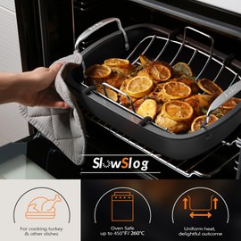 Slow Slog Roasting Pan, 17 Inch x 13 Inch Roaster with Removable Rack, Nonstick Roaster Pan for Roasting Turkey, Meat & Vegetables (Silver)