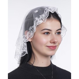 Bozidol White Mantilla Small D-Shaped Lily Maria Embroidered Veil, Religious Veils for Catholic Women, Church Mass, Baptism, Special Occasions