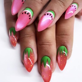 24Pcs Watermelon Press on Nails Strawberry Stick on Fingernails Fruit Medium Almond False Nails Glossy Pink Acrylic Fake Nail Green Leaves Gel Glue on Nail for Coquette Women Girls