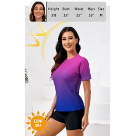 Halcurt Women's Short Sleeve Bathing Suit Top with Bra Rash Guard and Board Shorts Set Ombre M