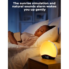 LIORQUE Sunrise Alarm Clock, Wake Up Light Alarm Clock with Sunrise/Sunset Simulation, 8 Colors, 22 Natural Sounds, Dual Alarms, Snooze, FM Radio, Light Up Alarm Clock for Kids and Adults