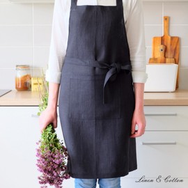 Linen & Cotton Unique and Stylish Apron ELLA, 100% Linen - 70 x 84cm (28'' x 33.6''), Black