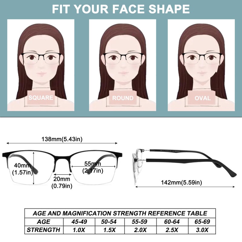 SUNAMOY SUNAMOY 5 Pack One-Piece Half Frame Reading Glasses Women