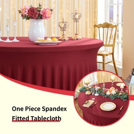 Outpain 8 Pack Burgundy Spandex Round Tablecloths for 72 inch Tables, Fitted 6FT Round Table Cloths with Skirt for Wedding Party Dining Banquet