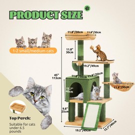 DWVO Cactus Cat Tree: 45" Tall with Self-Grooming Brush, Cute Kitten Climbing Tower for Indoor Kittens with Cat Condo, Plush Platform, Hammock, Sisal Scratching Posts, Dangling Ball