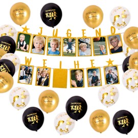 Jugendweihe Deko,Jugendweihe Geschenke Junge und Mädchen,Schwarz Gold Dekorative Banner,Wanddekoration Geschenkideen,inkl. 13 Karten für Fotos von 1 bis 13 Jahre,Originelle Fotogirlande
