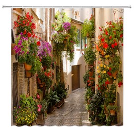 GCTNBJL Italian Shower Curtain European Garden Greece Scene Tuscany Vintage Street Floral Plant Mediterranean Brown Green Bathroom Home Curtain with Hooks,70" Wx70 H