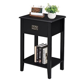 VECELO Nightstands End/Side Tables for Living Room Bedside, Vintage Accent Furniture for Small Space, Solid Wood Legs, Black, One Drawer