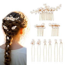 9 PCS Gold Wedding Bridal Pearl Hair Pins Hair Combs Clips Hair Accessories Flower Headpieces Jewelry for Brides Bridesmaids Women Girls