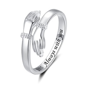 Sterling Silver Hug Ring for Women: S925 Adjustable Hand Saying Ring for Mother Wife Grandma Girlfriend, Always with You Theme Christmas Anniversary Birthday Valentine's Day Graduation Gifts