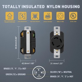 Yomiuwo NEMA L14-30P Locking Plug, 30 Amp 125/250V Twist Lock Male Plug, 3 Pole 4 Wire Grounding, Industrial Heavy Duty Generator Adapter, UL Listed (Black/White, 1 Pack)
