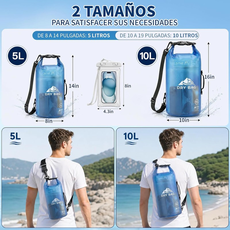Bolsa Impermeable Seca 5L 10L，Con Funda Impermeable Para Celular，Correa Larga
