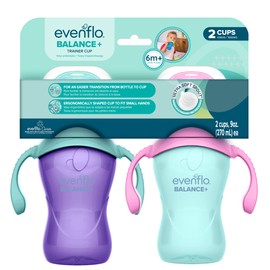 Evenflo Balance+ Trainer Cups for Babies 6+ Months, Purple and Mint, Ergonomic Design with Handles, 9oz, 2 Pack
