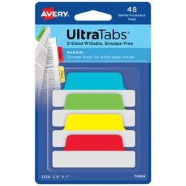 Avery Margin Ultra Tabs, 2.5" x 1", 2-Side Writable, Assorted Colors, 48 Repositionable Page Tabs (74866)