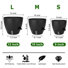 QRRICA Plant Pots 12/10/9 Inch Self Watering Pots, with Drainage Holes and Saucers,Water Level Indicator & Deep Reservoir,Large Plastic Planter for Indoor Out Door Plants (Pure Black)