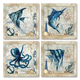 Classic Nautical Octopus, Swordfish, Tropical Fishes Prints; Set of 4 Posters Each 12x12