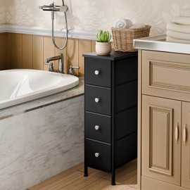 Fixwal Narrow Storage Cabinet, Dresser with 4 Drawers, Slim Fabric Dresser Storage Tower for Small Spaces, Black Dresser with Steel Frame, Wood Top, for Bedroom, Bathroom, Laundry, Closet