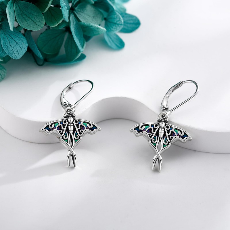 URONE Moth Earrings 925 Sterling Silver Moth Dangle Earrings With