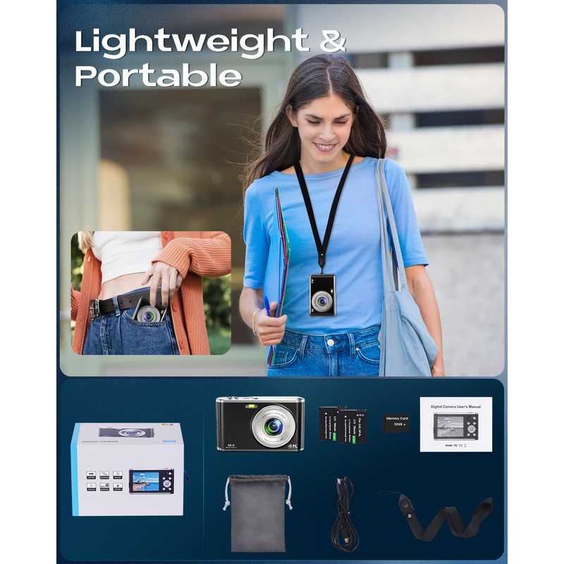 Digital Camera, AutoFocus 4K Compact Camera with Dual Camera with