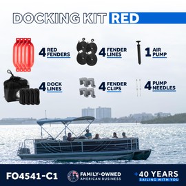 Five Oceans Boat Fenders Complete Set - Includes 4-Pack 6.5 x 23-Inch, Red - Boat Bumpers Clips, Dock Lines 3/8" x 15' - 4 Ropes Lines 3/8-Inch x 5-Ft - Inflator Pump and 4 Needles - FO4541-C1