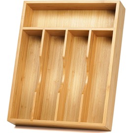 PrimeNex Bamboo Cutlery Drawer Organizer, Kitchen Utensil Organizer with Dividers for Flatware, Silverware Knives in Kitchen, Bedroom, Living Room (5 Slots)