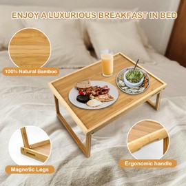 Wooden Bed Tray Table with Folding Legs - 100% Acacia Wood Breakfast Tray - Folding Bed Table Tray for Eating and Laptop - Large Bed Desk - Foldable Lap Desk for Laptop (Bamboo)
