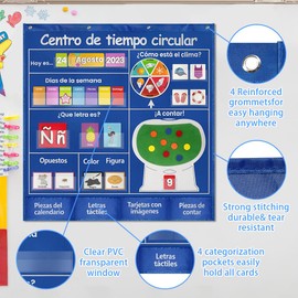 Spanish Circle Time Center Pocket Chart, Calendar Weather Activities Learning Center for Classroom, Colors/Shapes/Opposites/Counting for Classroom Homeschooling Educational Supplies