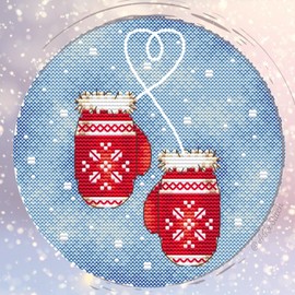 Mittens Cross Stitch Kit with DMC Threads & Fabric, Cozy Christmas Embroidery Pattern Pair Red Gloves, Winter Festive Quick Easy Needlework Xstitch