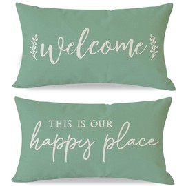 PANDICORN Farmhouse Lumbar Decorative Throw Pillow Covers 12x20 Inch Set of 2 Welcome This is Our Happy Place Sage Green Outdoor Spring Summer Front Porch Patio Cushion Case Decoration for Sofa Couch