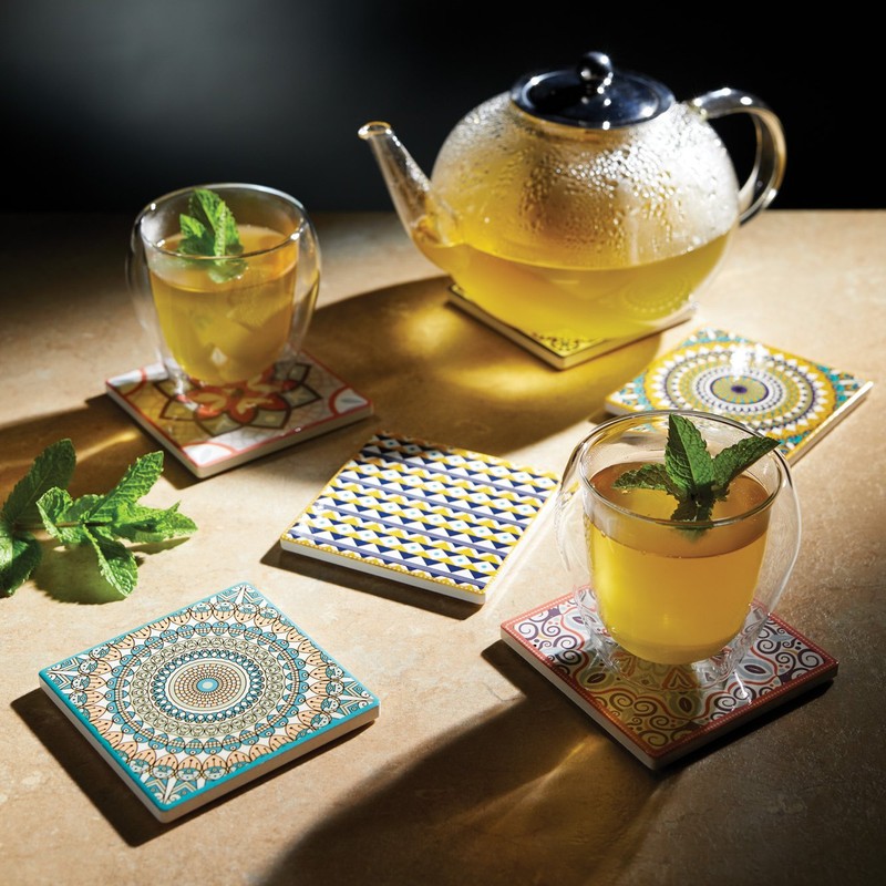 KitchenCraft 'Terracotta Geo' Tile-Style Ceramic Drinks Coaster with Cork Back,