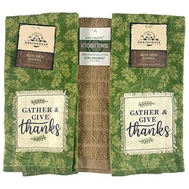 Serafina Home Farmhouse Fall Decor Kitchen Dish Towels Set: Two (2) Autumn Green Leaf Velour Towels with Gather and Give Thanks Patch