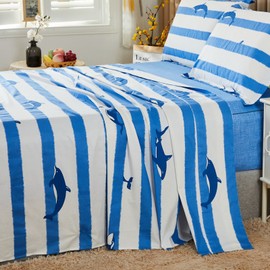 Brandream Kids Bedding Set Cotton Queen Size Sheets Set Boy Girl Blue Stripe Ocean Bedding Sheet Set Deep Pocket 18 Inch 4-Piece